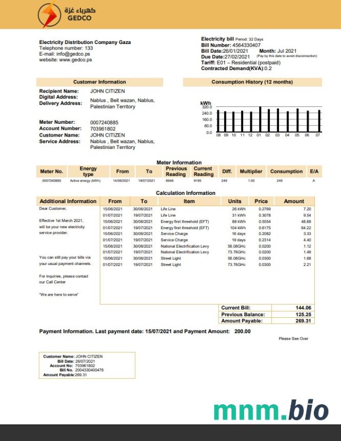 Palestyńska firma zajmująca się dystrybucją energii elektrycznej Gaza (GEDCO) szablon rachunku za media w formacie Word i PDF